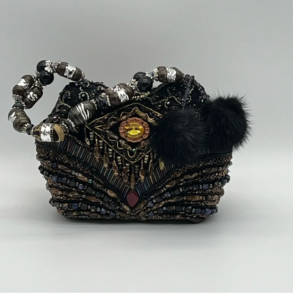 Vintage Mitchie's Beaded Handbag Purse Evening Bag Black Jeweled Multicolor